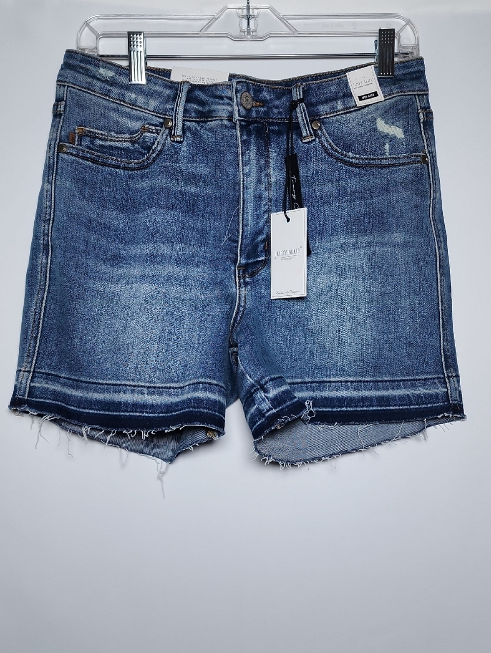 JUDY BLUE | Distressed Mid-Blue Denim Shorts Tummy Control Top